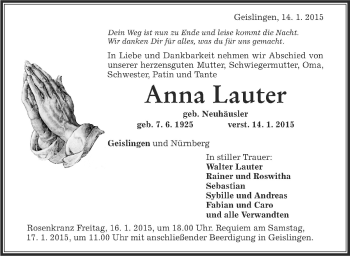 Anzeige von Anna Lauter von Schwäbische Zeitung