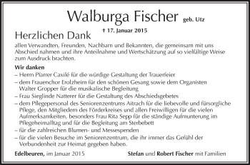 Anzeige von Walburga Fischer von Schwäbische Zeitung