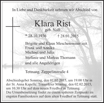 Anzeige von Klara Rist von Schwäbische Zeitung