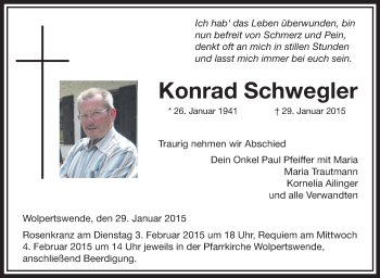 Anzeige von Konrad Schwegler von Schwäbische Zeitung