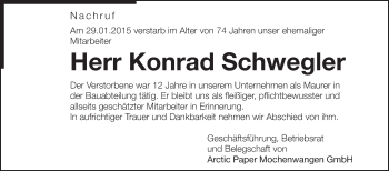 Anzeige von Konrad Schwegler von Schwäbische Zeitung