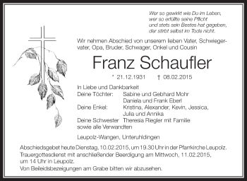 Anzeige von Franz Schaufler von Schwäbische Zeitung