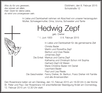 Anzeige von Hedwig Zepf von Schwäbische Zeitung