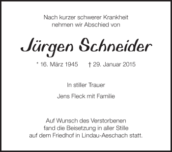 Anzeige von Jürgen Schneider von Schwäbische Zeitung