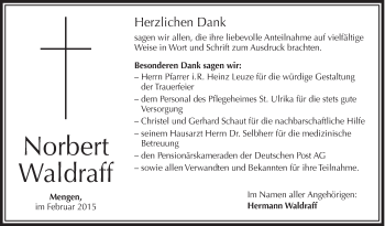 Anzeige von Norbert Waldraff von Schwäbische Zeitung