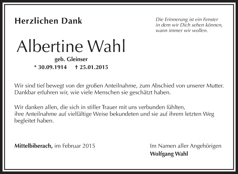  Traueranzeige für Albertine Wahl vom 14.02.2015 aus Schwäbische Zeitung