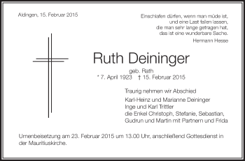 Anzeige von Ruth Deininger von Schwäbische Zeitung