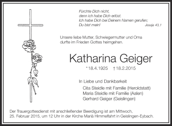 Anzeige von Katharina Geiger von Schwäbische Zeitung