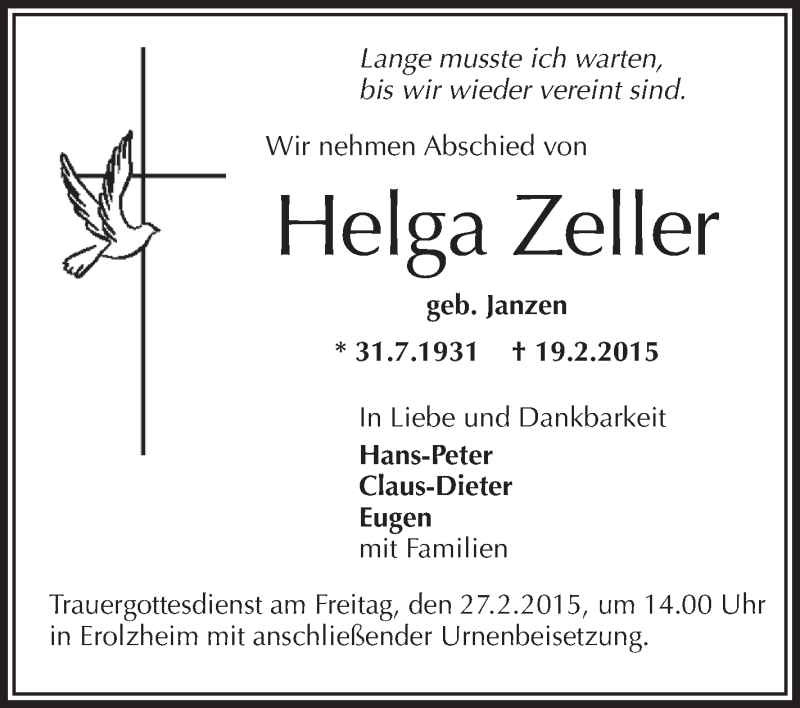  Traueranzeige für Helga Zeller vom 24.02.2015 aus Schwäbische Zeitung