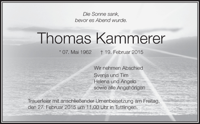  Traueranzeige für Thomas Kammerer vom 24.02.2015 aus Schwäbische Zeitung