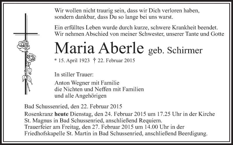 Traueranzeigen Von Maria Aberle Schwaebische De Trauerportal