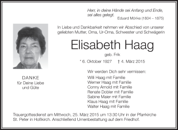 Anzeige von Elisabeth Haag von Schwäbische Zeitung