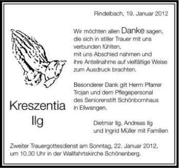 Anzeige von Kreszentia Ilg von Schwäbische Zeitung