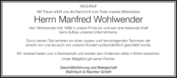 Anzeige von Manfred Wohlwender von Schwäbische Zeitung