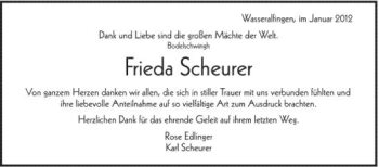 Anzeige von Frieda  Scheurer von Schwäbische Zeitung
