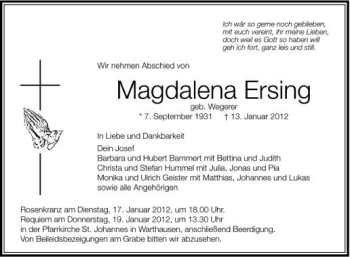 Anzeige von Magdalena Ersing von Schwäbische Zeitung
