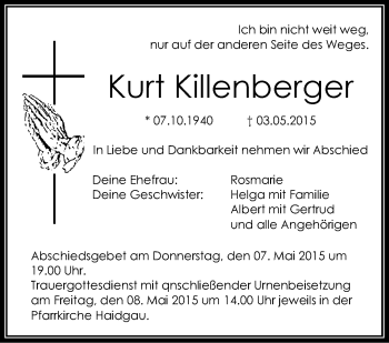 Anzeige von Kurt Killenberger von Schwäbische Zeitung