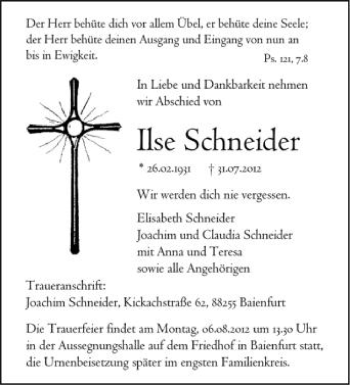 Anzeige von Ilse Schneider von Schwäbische Zeitung