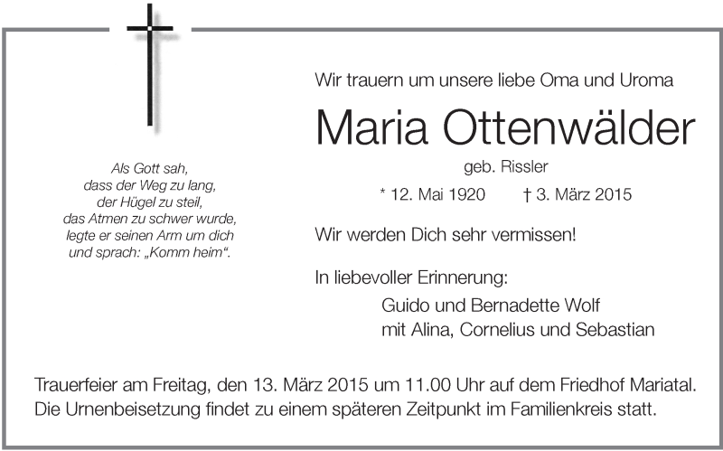  Traueranzeige für Maria Ottenwälder vom 07.03.2015 aus Schwäbische Zeitung