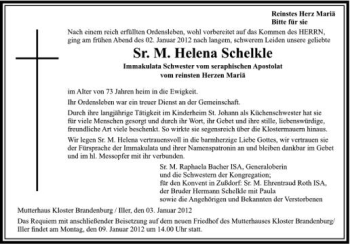 Anzeige von Helena Schelkle von Schwäbische Zeitung