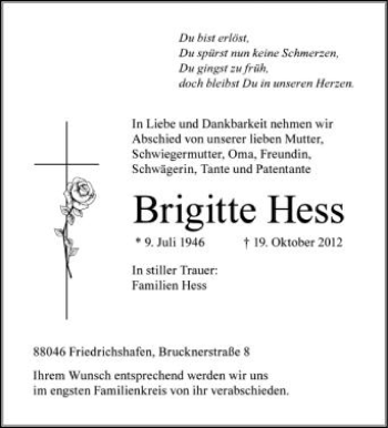 Anzeige von Brigitte Hess von Schwäbische Zeitung