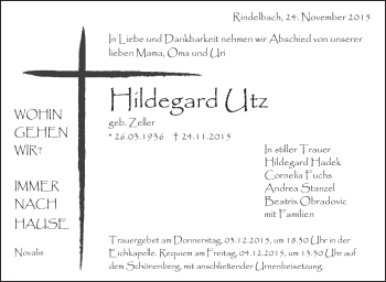 Anzeige von Hildegard Utz von Schwäbische Zeitung