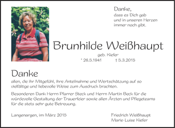 Anzeige von Brunhilde Weißhaupt von Schwäbische Zeitung