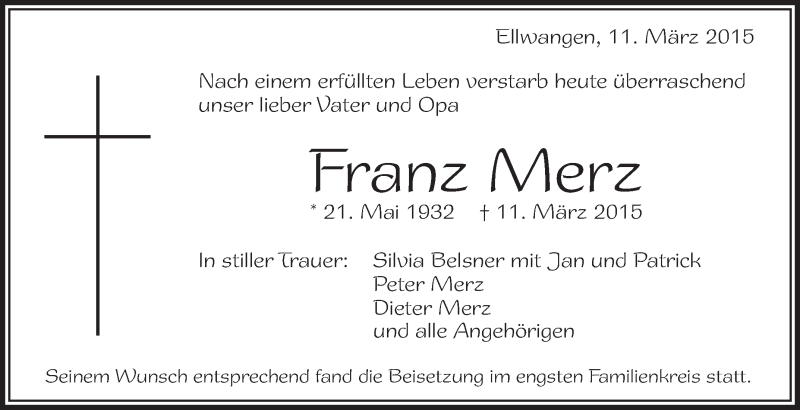  Traueranzeige für FRanz Merz vom 30.03.2015 aus Schwäbische Zeitung