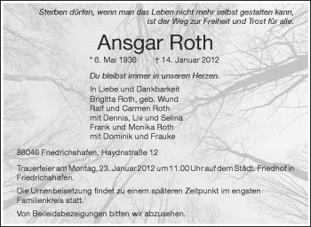 Anzeige von Ansgar Roth von Schwäbische Zeitung