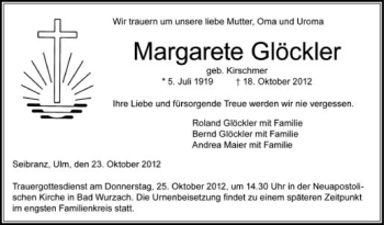 Anzeige von Margarete Glöckler von Schwäbische Zeitung