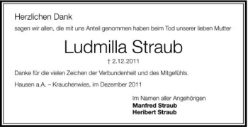 Anzeige von Ludmilla Straub von Schwäbische Zeitung