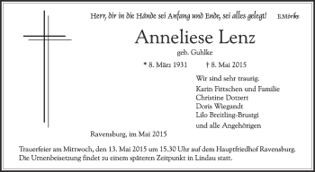 Anzeige von Anneliese Lenz von Schwäbische Zeitung