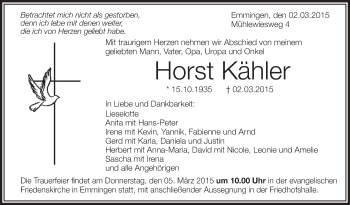 Anzeige von Horst Kähler von Schwäbische Zeitung