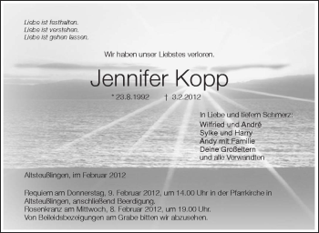 Anzeige von Jennifer Kopp von Schwäbische Zeitung