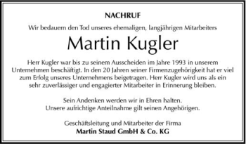 Anzeige von Martin Kugler von Schwäbische Zeitung