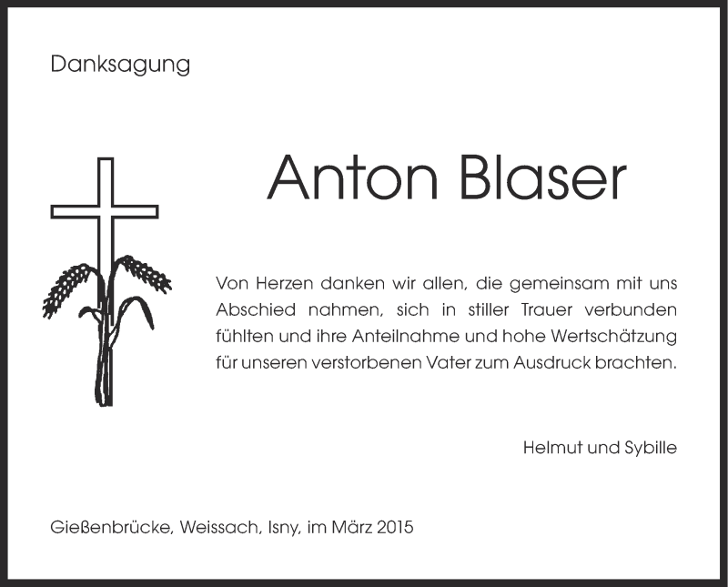  Traueranzeige für Anton Blaser vom 26.03.2015 aus Schwäbische Zeitung