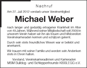 Anzeige von Michael Weber von Schwäbische Zeitung