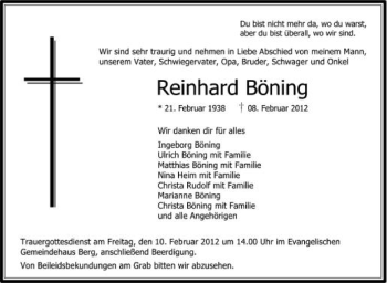 Anzeige von Reinhard Böning von Schwäbische Zeitung