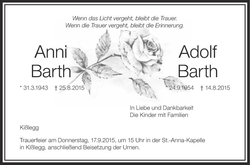 Traueranzeigen Von Anni Und Adolf Barth Schwaebische De Trauerportal