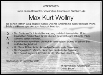 Anzeige von Max Kurt Wollny von Schwäbische Zeitung