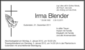 Anzeige von Irma Blender von Schwäbische Zeitung