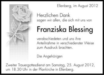 Anzeige von Franziska Blessing von Schwäbische Zeitung