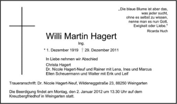 Anzeige von Willi Martin Hager von Schwäbische Zeitung