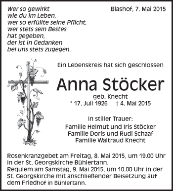 Anzeige von Anna Stöcker von Schwäbische Zeitung