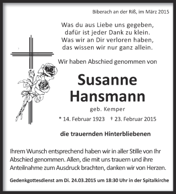 Anzeige von Susanne Hansmann von Schwäbische Zeitung