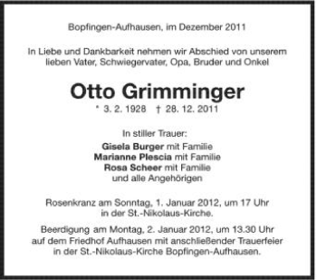 Anzeige von Otto Grimminger von Schwäbische Zeitung