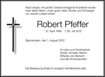 Anzeige von Robert Pfeffer von Schwäbische Zeitung