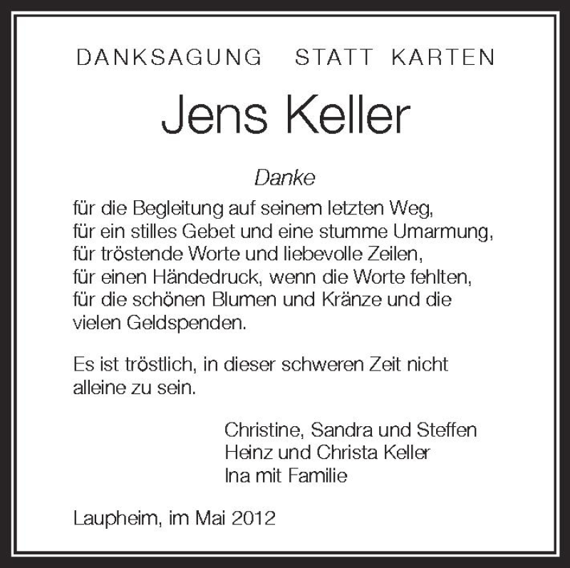 Traueranzeige für Jens Keller vom 12.05.2012 aus Schwäbische Zeitung