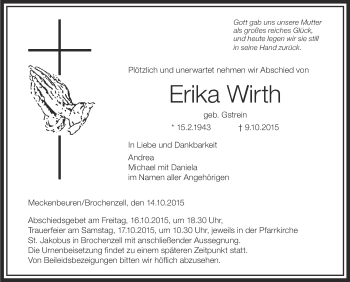 Anzeige von Erika Wirth von Schwäbische Zeitung