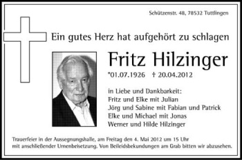 Anzeige von Fritz Hilzinger von Schwäbische Zeitung
